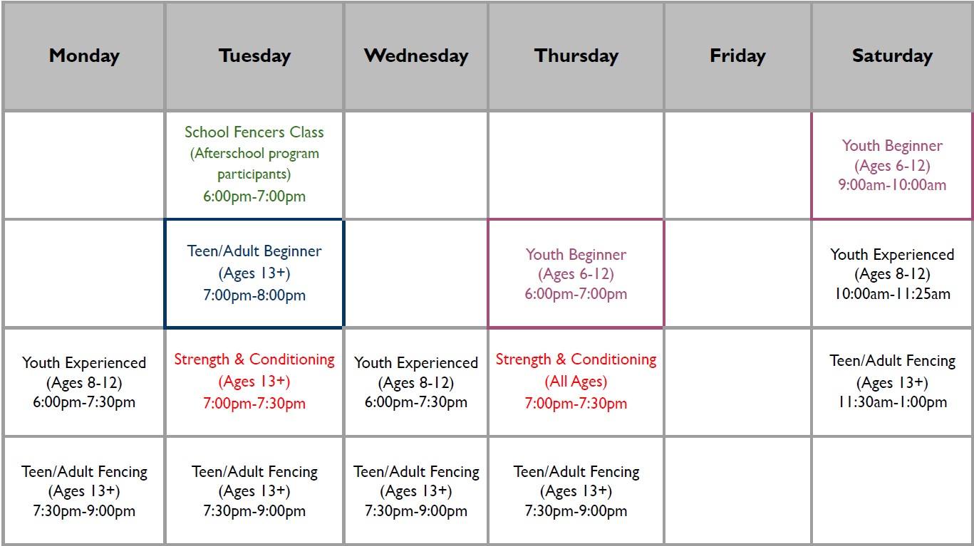 Block schedule of fencing classes